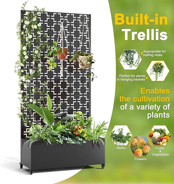 FENCY Metal Raised Garden Bed with Wheels and Trellis,73"x35"x16" Planter Box for Climbing Plants, Vegetables & Vines, Features Privacy Screen and Drainage Holes (Black-Square)