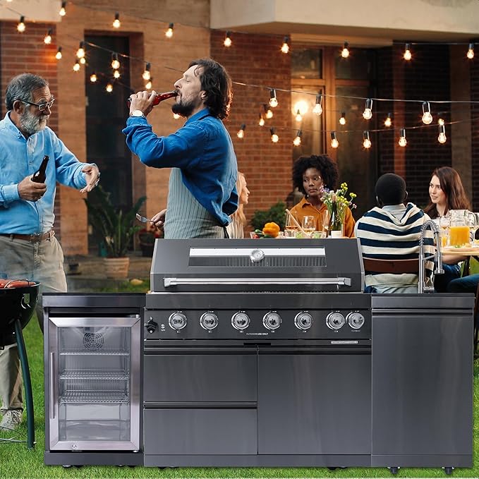 Outdoor Kitchen Island, 82 Inches 6-Burner 85000 BTU Stainless Steel Propane Gas Grill Combination With Refrigerator and Sink, Rotisserie Kit, Granite Countertops(Black Combo)