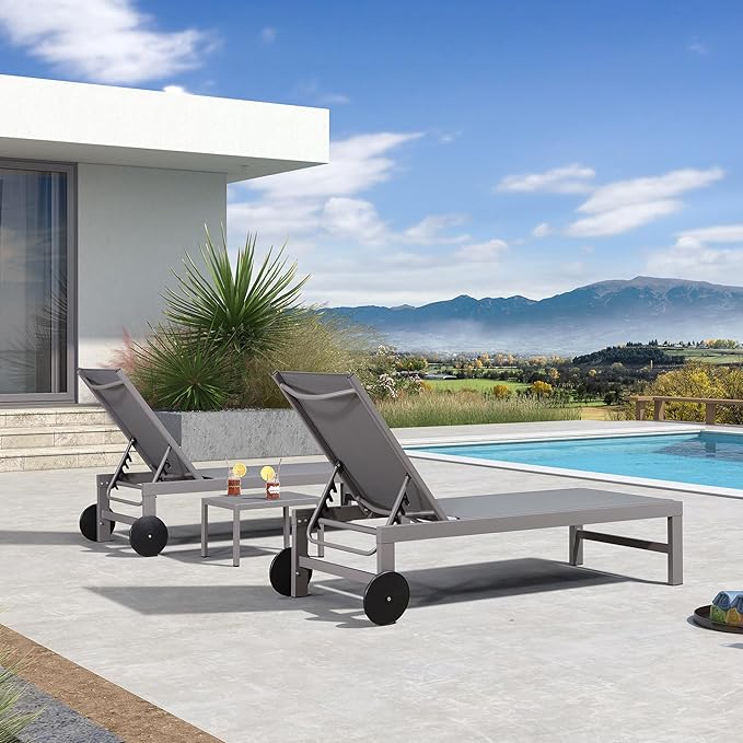 PURPLE LEAF Outdoor Lounge Chair Set for 2 Patio Chaise Lounger with Aluminum Frame and Wheels All-Weather Pool Lounge Chairs for Outside Garden Yard Poolside Table Included, Grey