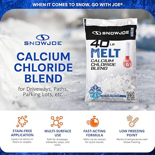 Snow Joe Snow & Ice Melter, Calcium Chloride Blend Pellets, Non-Staining Melt, 40 Lb Bag - Ice Remover for Driveway, Concrete, Sidewalk, and Outdoor Spaces