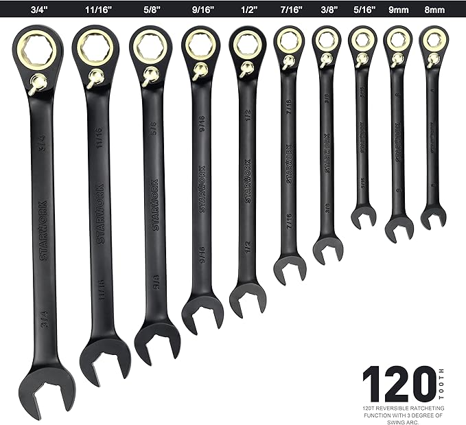 STARWORK TRUE MECHANIC™ 20 Pc. 120T Reversible Ratcheting Combination Wrench Set, Long Pattern, SAE, Metric, Professional, With Portable Roll-Up Pouch Bag