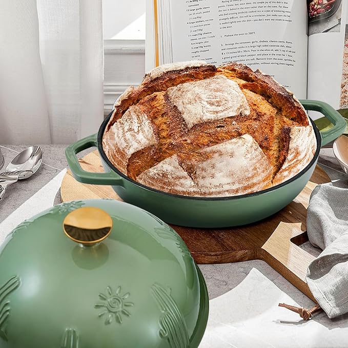 Bread Oven Cast Iron Bread Dutch Oven with Cloche Lid for Bread Baking White Enameled Cast Iron Bread Oven with Dome Lid for Sourdough, 9.8 Inches