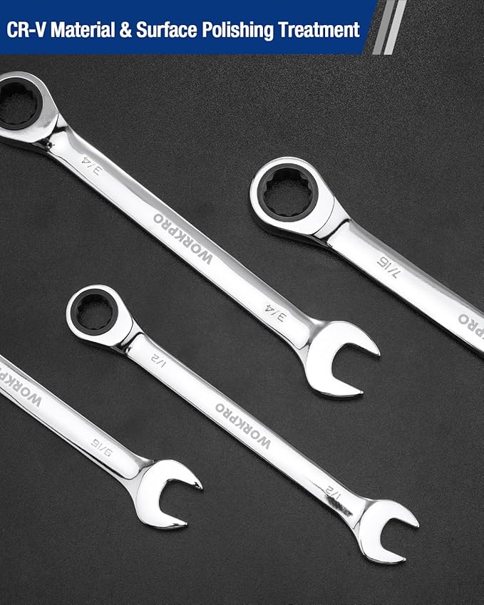 WORKPRO 7/16" Ratcheting Combination Wrench SAE, CR-V Constructed with Mirror Polish Chrome Plating, 12-Point Design, 15-Degree Offset
