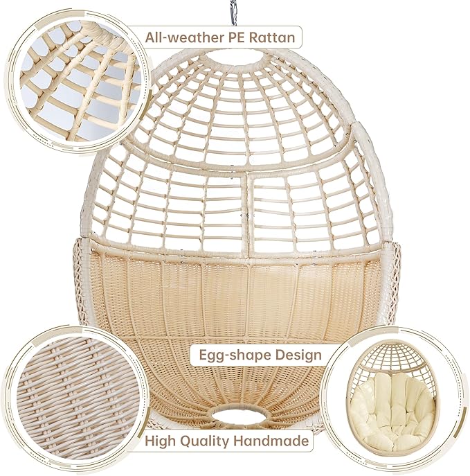 Hanging Egg Chair Swing Chair with Stand Wicker Rattan Chairs for Indoor Outdoor Patio Bedroom Hammock Chair with Steel Frame and Cushion(Color: Beige)