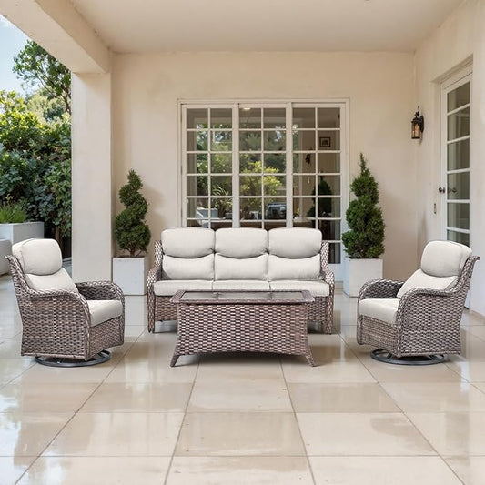 Outdoor Swivel Rocker Patio Chairs Set of 4 with Sofa - 5" Thick Cushion 4 Piece Furniture Set with Sofa All Weather Wicker Conversation Set for Porch Deck - Brown Wicker | Beige Cushions