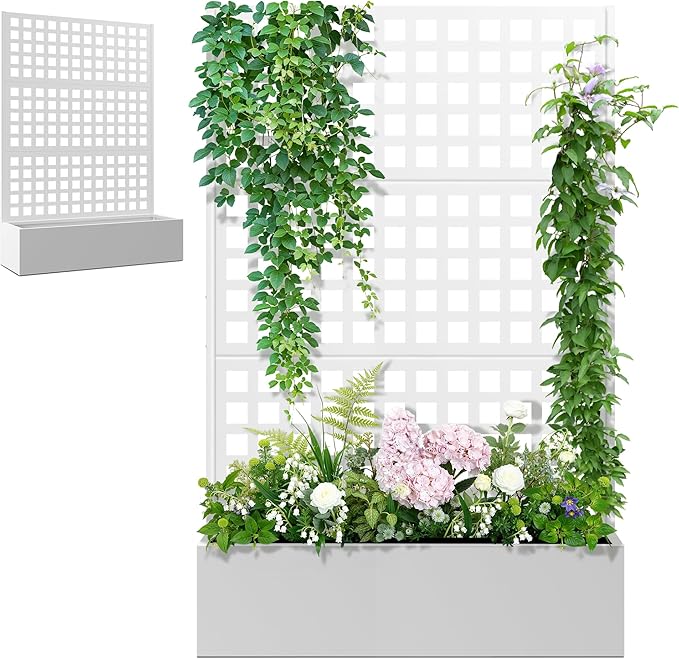 Metal Raised Garden Beds Outdoor with Trellis & Privacy Screen for Outdoor Plants, Planter Box for Climbling Plants, Flowers, Vine, Large Garden Boxes with Drainage Holes (47"L×16"W×71"H, White)