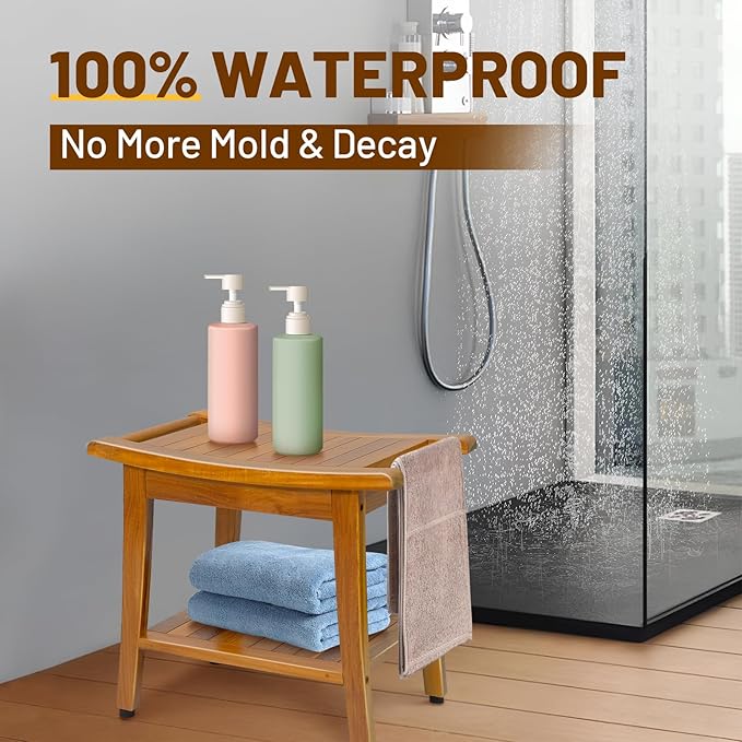 20" Premium Teak Shower Bench with Shelf & Handle, Solid Teak Shower Stool, Durable Waterproof Seat for Inside Shower, Teak Wood Bench for Bathroom, Indoor & Outdoor Use