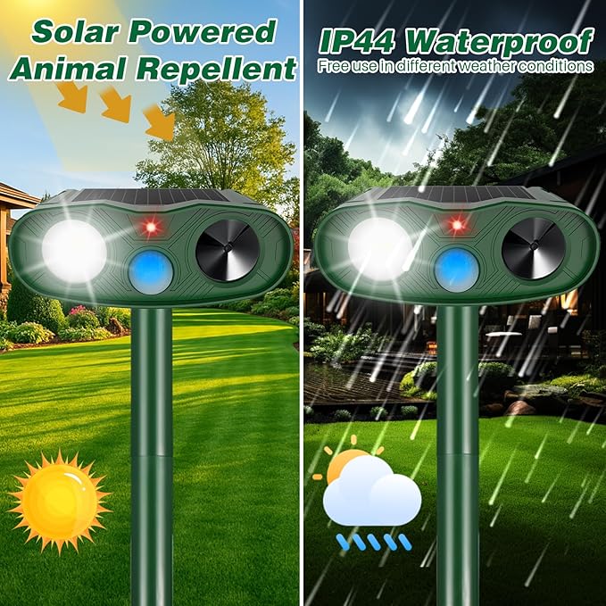 4Pack 2025 Solar Ultrasonic Animal Repellent Outdoor Cat Repellent Devices with Motion Detection&Flash Light Squirrel Rabbit Dog Cat Deterrent,Keep Rodent Chipmunk Raccoon Deer Away for Yard Garden