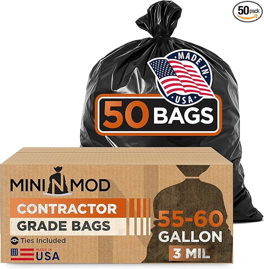 Contractor Garbage Bags 55 Gallon Heavy Duty | 50 Count | 3 Mil Construction Bags Heavy Duty with Ties | 55 Gallon Trash Bag Heavy Duty for Contractors