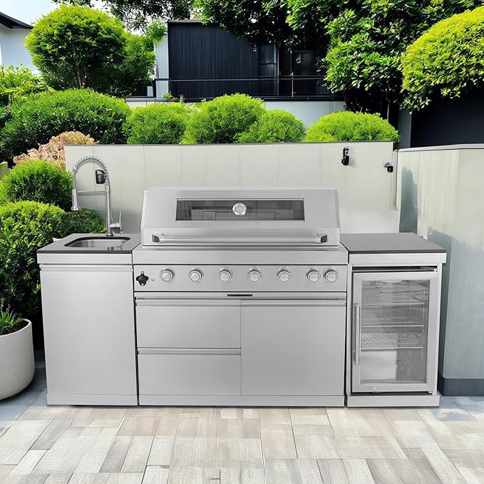 85 Inches 6-Burner 85000 BTU Deluxe Stainless Steel Propane Gas Outdoor Kitchen Bar Barbecue Island Grill with Wine Cooler, Compact Refrigerator, Rotisserie, Granite Countertops & Storage, Silver