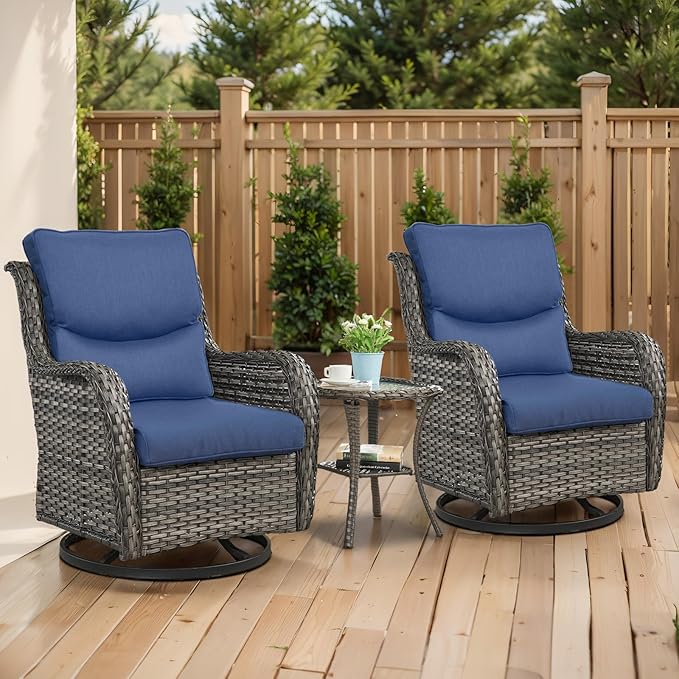 Outdoor Swivel Rocker Patio Chairs with 5" Thick Cushion - 3 Piece Wicker Bistro Set with Side Table, High Back Comfty Outdoor Glider Chairs for Balcony, Porch, Deck, Poolside - Gray/Blue