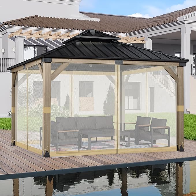 BPS 12' x 12' Gazebo Universal Mosquito Netting Screen Replacement, 4-Panel Screen Walls with Double Zippers for Outdoor Patio, Khaki (Mosquito Net Only)
