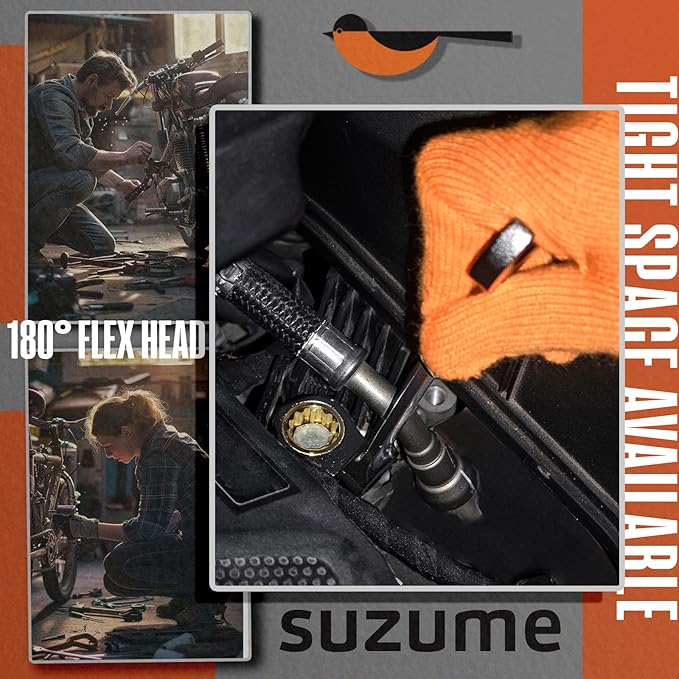 SUZUME 12-Piece (8mm-19mm) Flex Head Ratcheting Wrench Set with 72 Teeth 180° Flex Head Metric Ratcheting Wrench Set Cr-V Steel Rust-Resistant Ratchet Wrenches Set For Bicycle, Motorcycle, Car