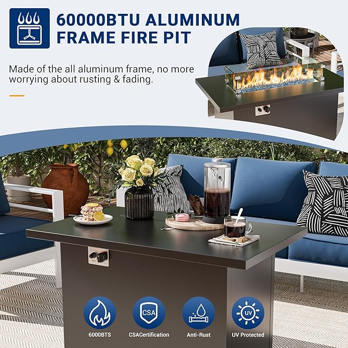 UDPATIO 8 Piece Aluminum Patio Furniture Set with Aluminum Fire Pit Table,Mordern Outdoor Furniture Set with Water-Proof Cover Included, White/Navy