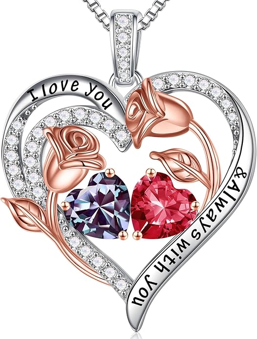 Iefil Christmas Gifts for Women Wife - 925 Sterling Silver Rose Heart Birthstone Necklace Birthday Anniversary Jewelry Gifts for Her Wife Mom Daughter