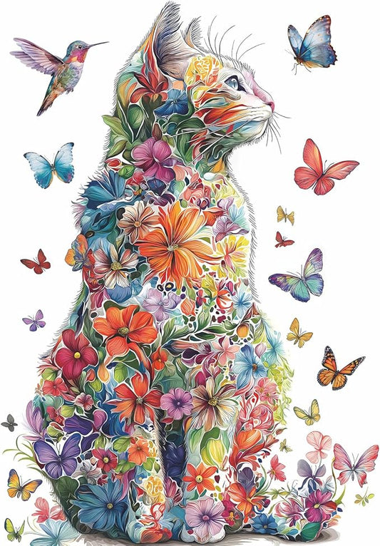 Cat Puzzles for Adults 1000 Pieces, Flower Puzzle Colorful Art Animal Kitten Hummingbird, Butterfly Garden Plant Floral Impossible Jigsaw Puzzle