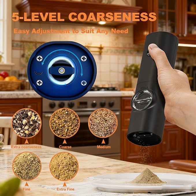 Electric Salt and Pepper Grinder Set,Battery Powered Automatic Pepper Mill with Adjustable Coarseness,Seasoning Tools for Kitchen BBQ Restaurant Outdoor, Dining or Gifting