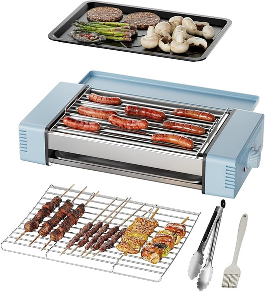 HBN 3-in-1 Hot Dog Roller Grill Machine with Nonstick Plate & Grill Rack, 800W Compact Indoor Electric Sausage Griller for Kitchen, Home, Small Space Use (Sky Blue)