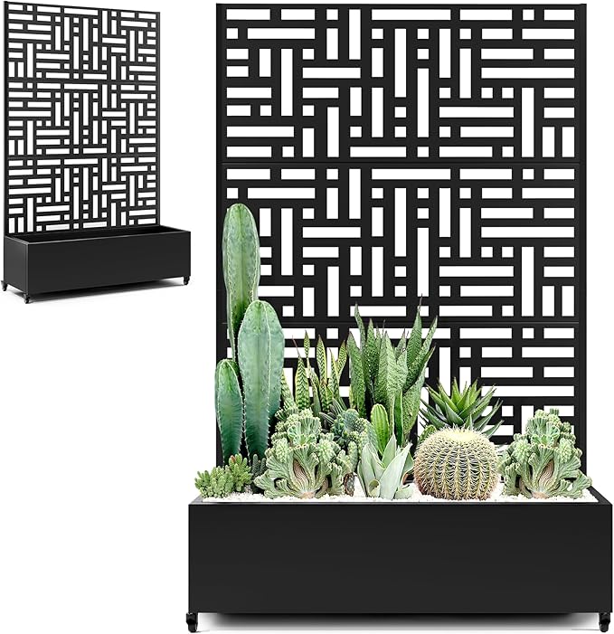 Large Raised Garden Beds with Trellis & Wheels, Metal Planter Box with Privacy Screen for Climbing Plants Vegetables, Fruits, 47"L Garden Boxes Outdoor with Drainage Holes (Black Street)