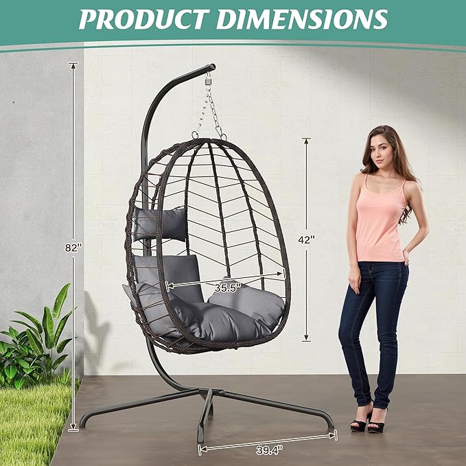 Hanging Egg Chair with Stand, Swinging Egg Chair Outdoor Indoor, Hanging Basket Chair with Cushion, Patio Wicker Hammock Chair 350lbs Capacity for Bedroom, Porch, Balcony, Backyard, Garden (Grey)