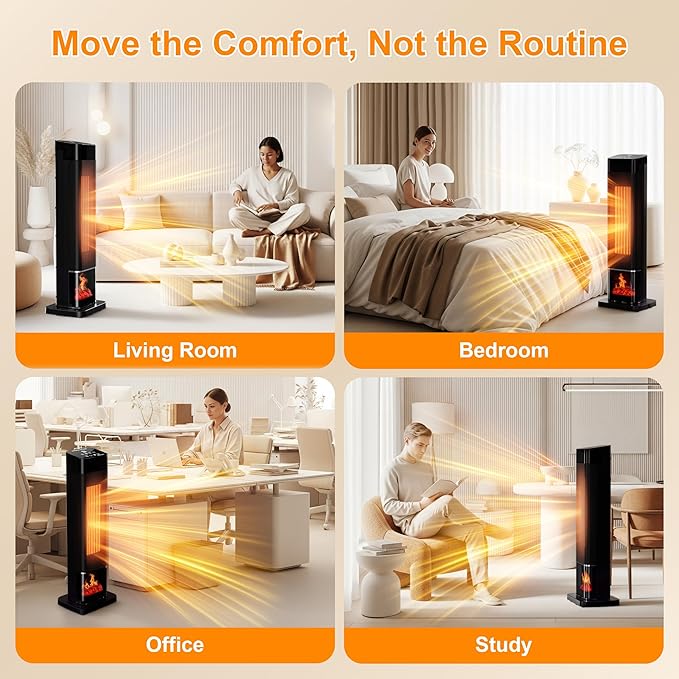YEW Space Heater for Indoor Use, 1500W Portable Electric Heater with Thermostat, 120° Oscillation, 24H Timer, Remote Control, Ceramic Tower Heater Fan for Large Room, Bedroom, Office, Garage, 25"