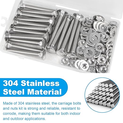 Yinpecly 18 Sets 1/4-20 x 2 Carriage Bolts Screws, 304 Stainless Steel Round Head Square Neck Carriage Bolts and Nuts Kit, with Flat & Lock Washers, Full Thread Coverage