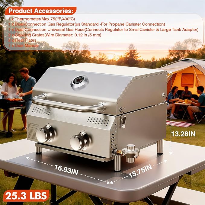 Llamaviva 2 Burners Tabletop Gas Grill Dual Fuel Adapter, 20,000 BTUs Portable Stainless Steel Propane Grill with Legs for Tailgating, Outdoor Patio Backyard Camping, and RV Trips
