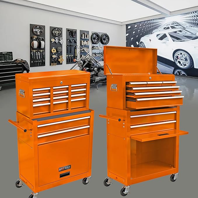 8 Drawers Rolling Tool Box Organizer,High Capacity Tool Chest with Wheels,Lockable Rolling Tool Chest with Bottom Cabinet, Tool Box Rolling Workshop Storage Cabinet (8 Drawers(Orange))