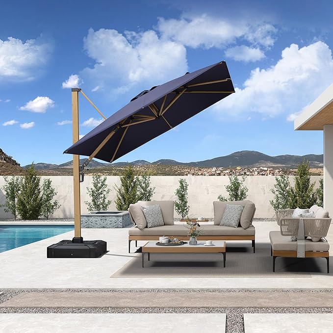 PURPLE LEAF 9FT Patio Umbrella With Base Square Cantilever Umbrella Teak Finished Aluminum Frame Large Windproof Offset Outdoor Sun Umbrellas for Beach Pool Deck, Navy Blue