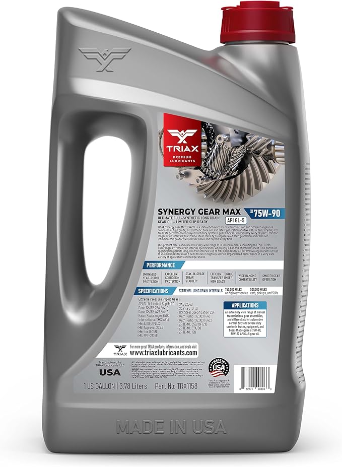 TRIAX Synergy Gear Max 75W-90 GL-5 Limited Slip, Ultra Long Drain 500k Miles, Manual Transmission, Gear/Differential Lubricant (1 Gallon)