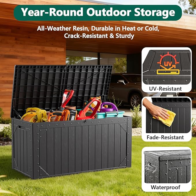 Outdoor Storage Box, 100 Gallon Deck Box Outdoor Storage Bench Outside Waterproof Resin Storage Bench, Lockable Patio Cushions, Garden Tools Storage For Furniture, UV Resistant(Black)