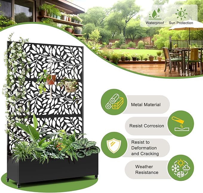 FENCY Metal Raised Garden Bed with Wheels and Trellis,73"x47"x16" Planter Box for Climbing Plants, Vegetables & Vines, Features Privacy Screen and Drainage Holes (Black-Leaf-2)