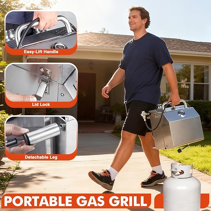 Llamaviva 2 Burners Tabletop Gas Grill Dual Fuel Adapter, 20,000 BTUs Portable Stainless Steel Propane Grill with Legs for Tailgating, Outdoor Patio Backyard Camping, and RV Trips