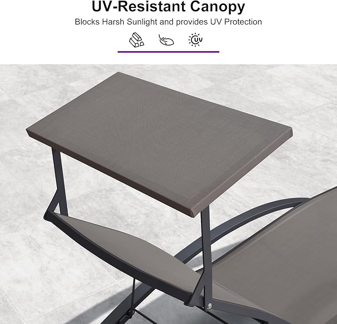 PURPLE LEAF Patio Lounge Chair with Canopy Shade Outdoor Chaise Lounge Chair Set of 2 for Lawn Poolside Backyard Sunbathing Tanning Chairs with Arm Brown