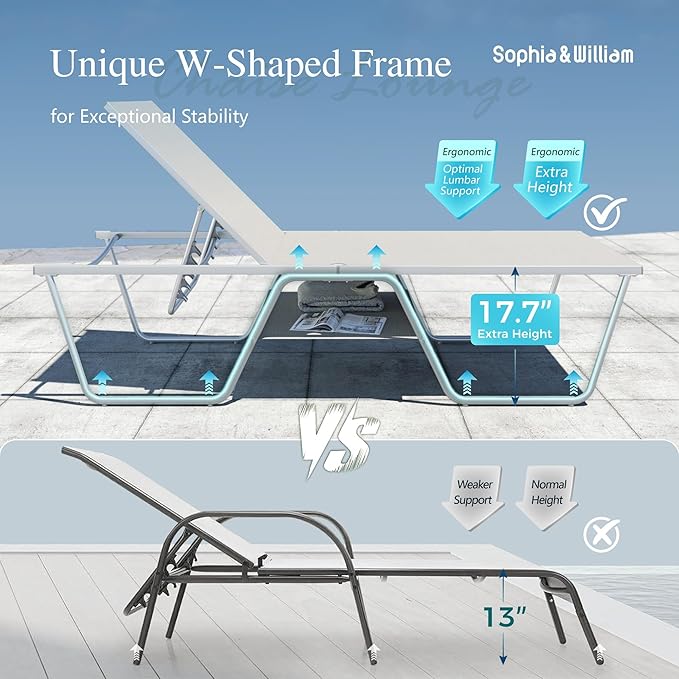 Sophia & William Outdoor Chaise Lounge Chair, 78" Long Reclining Lounge Chairs with 5 Adjustable Backrest, Oversized Patio Chaise Lounge Chair for Outside Poolside Beach Yard, Grey