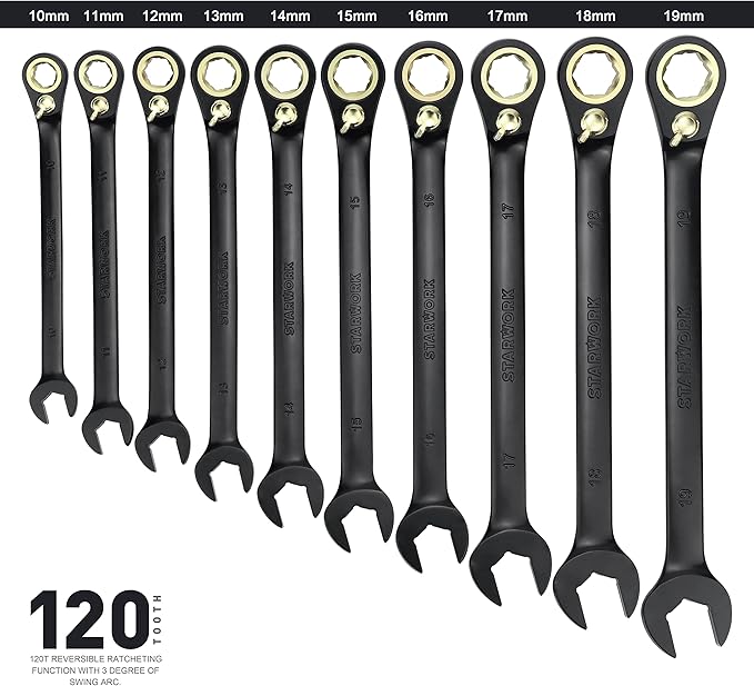 STARWORK TRUE MECHANIC™ 20 Pc. 120T Reversible Ratcheting Combination Wrench Set, Long Pattern, SAE, Metric, Professional, With Portable Roll-Up Pouch Bag