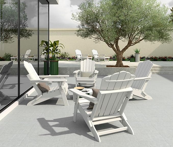 FOOWIN Adjustable Adirondack Chair with Retractable Ottoman Set of 6, Folding Adirondack Chair with Cup Holder, HDPE All-Weather Fire Pit Chair for Patio, Yard, Poolside, White