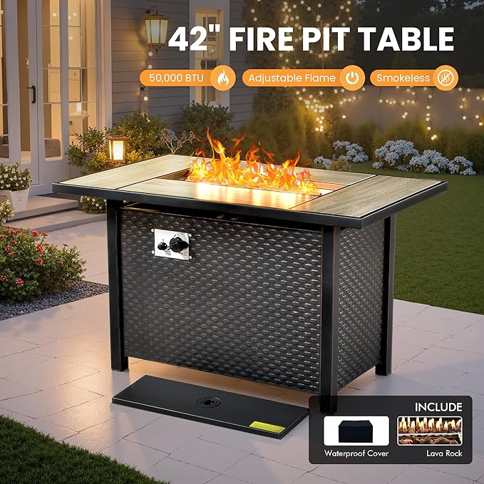 Outdoor Sectional Patio Furniture Set with Fire Pit Table and Glowing Table,8 Pieces Wicker Conversation Sets L Shaped Couch Out Door Sofa Set Outside Furniture for Garden Deck Yard,Navy Blue