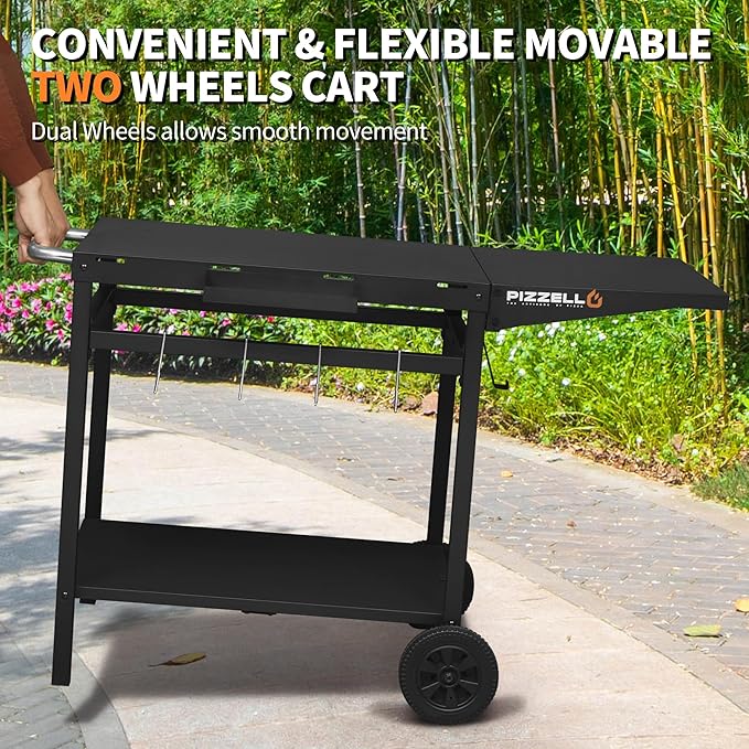 PIZZELLO Outdoor Grill Table 44" x 26" Movable Pizza Oven Stand Foldable Double-Shelf Grill Cart Fit for 12/16inch Oven Ooni Ninja Woodfire Blackstone