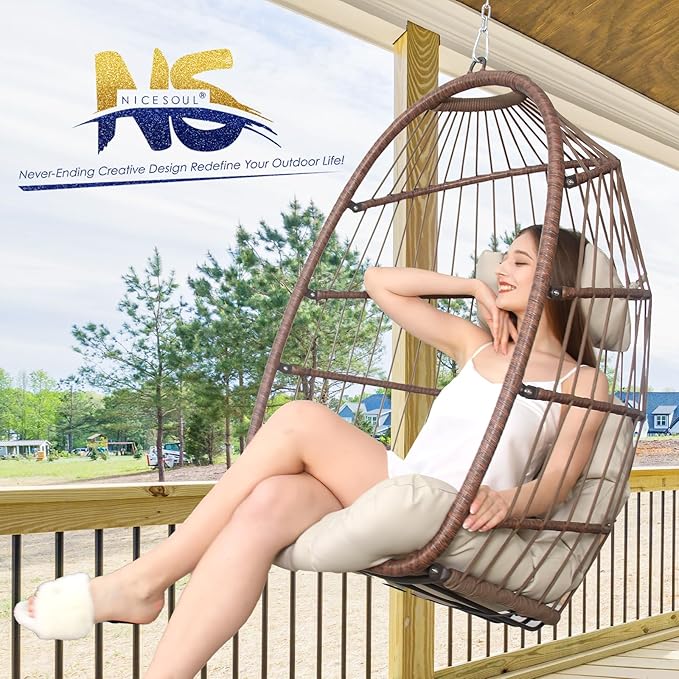 Nicesoul Outdoor Hanging Egg Chair Without Stand, Patio Wicker Swing Egg Basket Chairs with Padded Cushions, 350 Lbs Ceiling Tree Swinging Egg-Shaped Chair No Stand for Indoor Bedroom Porch, Brown