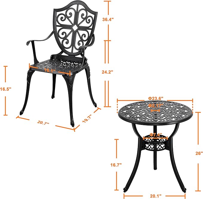 NUU GARDEN Bistro Set 3 Piece Outdoor, Cast Aluminum Patio Bistro Sets with Umbrella Hole, Bistro Table and Chairs Set of 2 for Patio Backyard