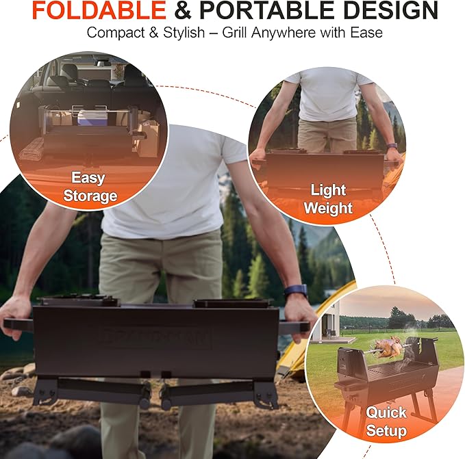 Brand‑Man 2‑in‑1 Charcoal BBQ Grill with Motorized Rotisserie – Portable, Foldable Grill, 257 sq in Outdoor BBQ Grill for Camping & Tailgate, Adjustable Height, Dual Vents