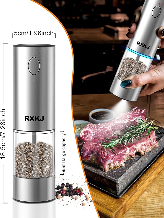 Electric Salt and Pepper Grinder Set, Stainless Steel Automatic Pepper Grinder with Upgraded Charge Base and LED Light, Adjustable Coarseness, Rechargeable Sea Salt Spice Mill Set, Ideal for Kitchen