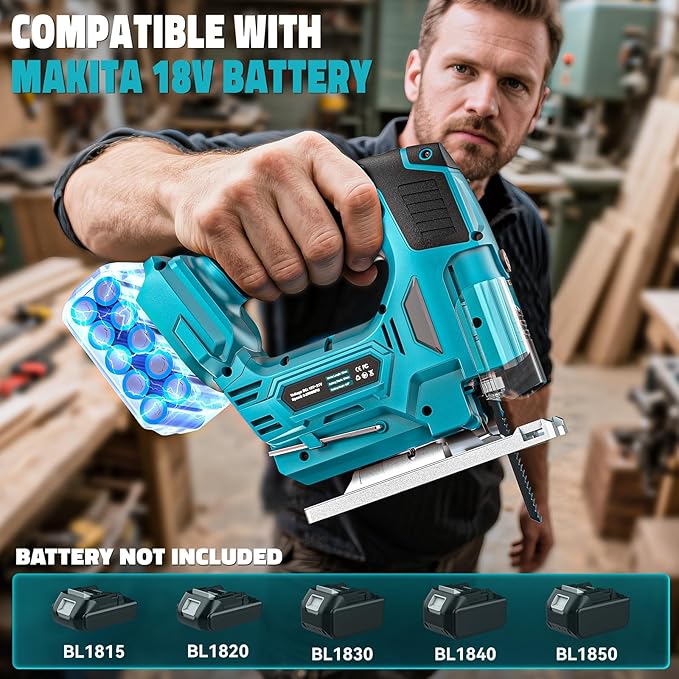 Jig Saw Compatible with Makita 18V Battery, Laser Guide Cordless Jigsaw Tool, Brushless Motor, Variable Speed, 45° Bevel Angle Cut, LED Light, 3 Orbital Sets, 6PCS Blades (No Battery)
