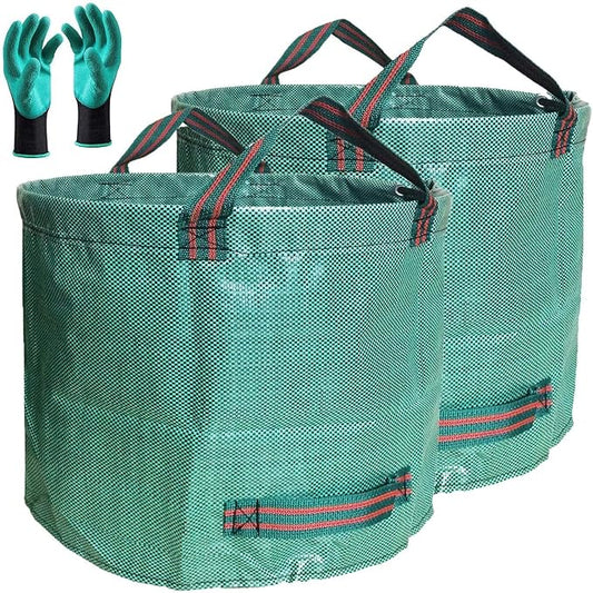 Standard 2-Pack 32 Gallon Yard Lawn Garden Bags (D18, H30 inch) with Gardening Gloves for Yard Waste,Debris Bags,Camping Trash Container,Laundry Bag,Recycling Bin,Grass Clippings,Leaf Bag W/ 4 Handles