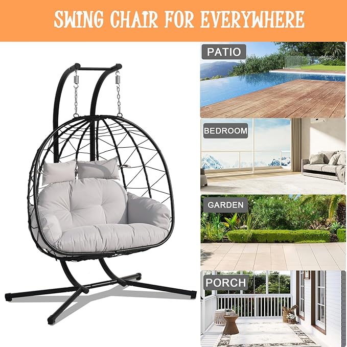 Double Hammock Egg Chair 2 Person Egg Chair Indoor Outdoor Swing with Stand Patio Wicker Hanging Chair Widened and Enlarged for Balcony Bedroom Porch Adults Kids