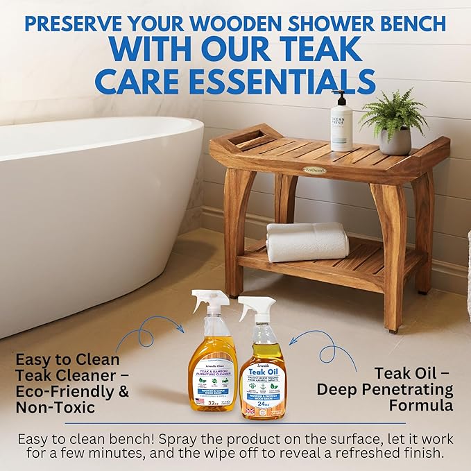 EcoDecors 24 Inch Tranquility Natural Color Waterproof Teak Wood Shower Bench Stool Seat Chair For Inside Shower Storage Shelf Provides Safety, Storage, and Organization For Bathroom Accessories