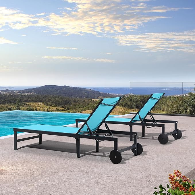 PURPLE LEAF Outdoor Chaise Lounge Chairs Set Recliner Aluminum Adjustable Chair with Wheels and Table for Poolside Beach Patio Reclining Sunbathing Lounger, Blue