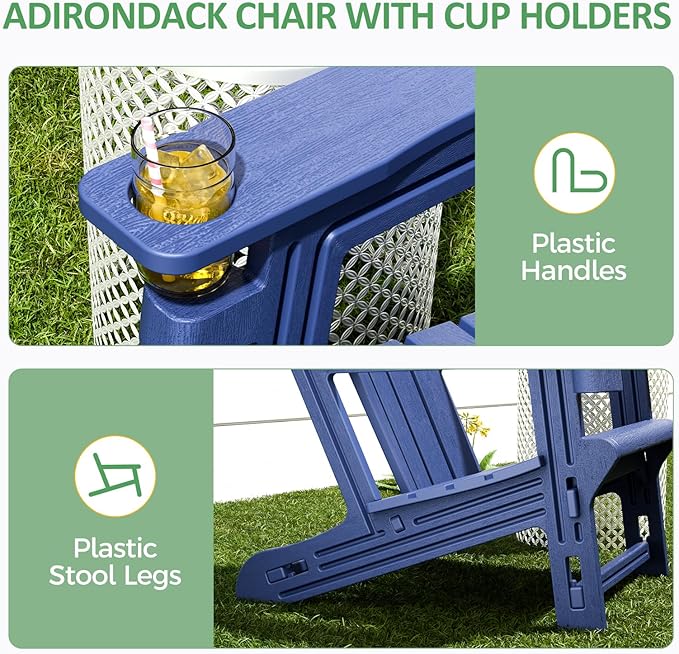 Modern Adirondack Chair, HDPE Plastic Adirondack Chairs, Plastic Outdoor Lawn Chairs for Fire Pit, Deck, Porch, Backyard, Garden, Navy Blue