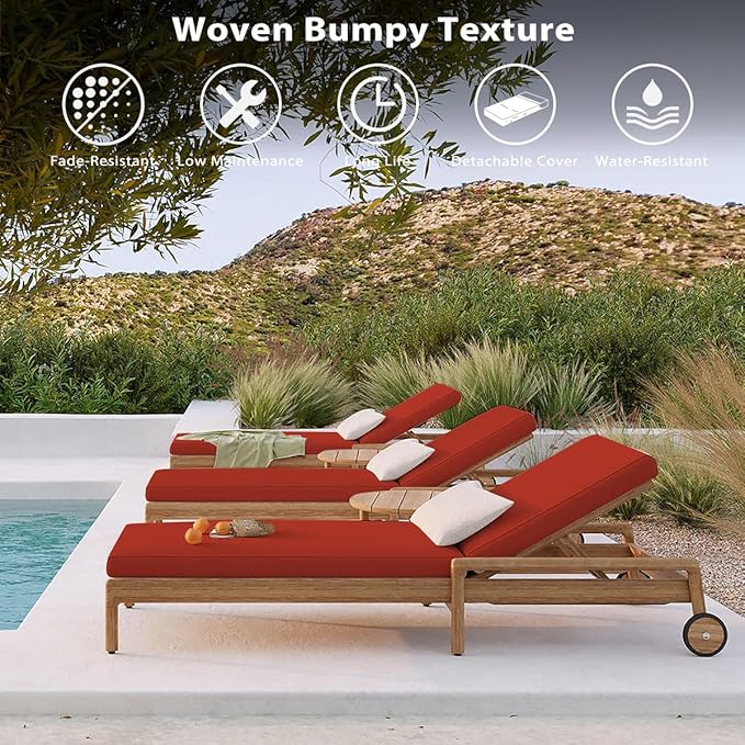 Sundale Outdoor Olefin Chaise Lounge Cushion Set of 2, Water-Resistant Patio Lounge Chair Cushion, Thick Lounger Pad with 4 Straps Red, 72 x 21 x 4 Inches